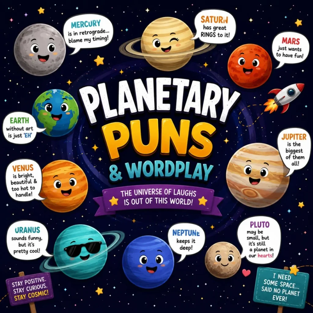 Cute cartoon planets with funny space puns and colorful planetary wordplay on a starry background for kids and astronomy lovers.