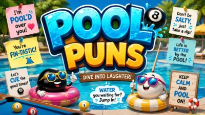 Colorful pool puns poster with playful billiard balls, pool floats, and funny poolside wordplay