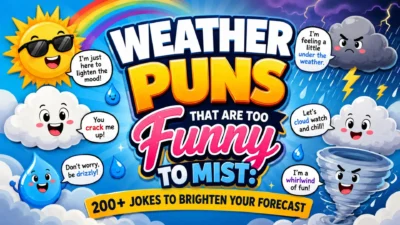 Funny weather puns poster with colorful sun, clouds, rain, rainbow, and 200+ weather jokes
