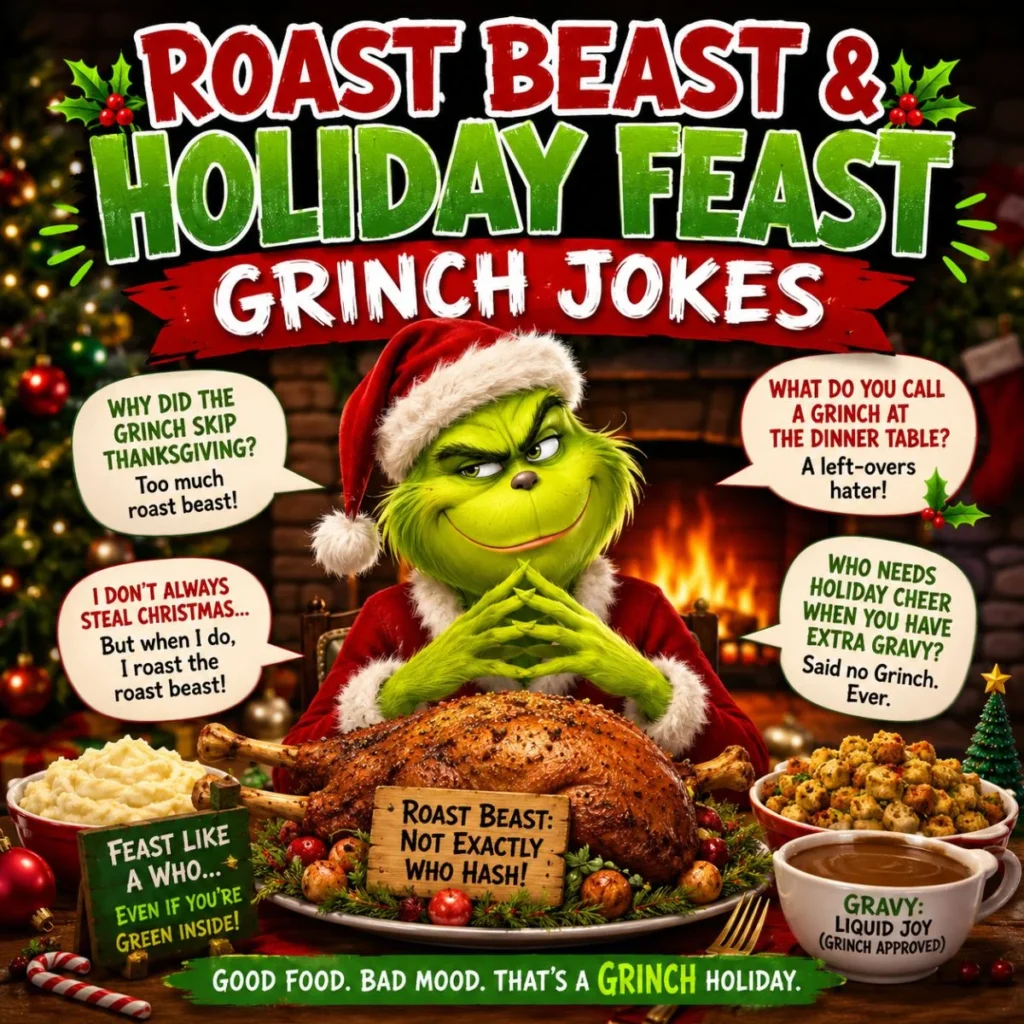 Grinch enjoying a roast beast holiday feast with funny Christmas jokes and a festive dinner table in a cosy holiday setting.