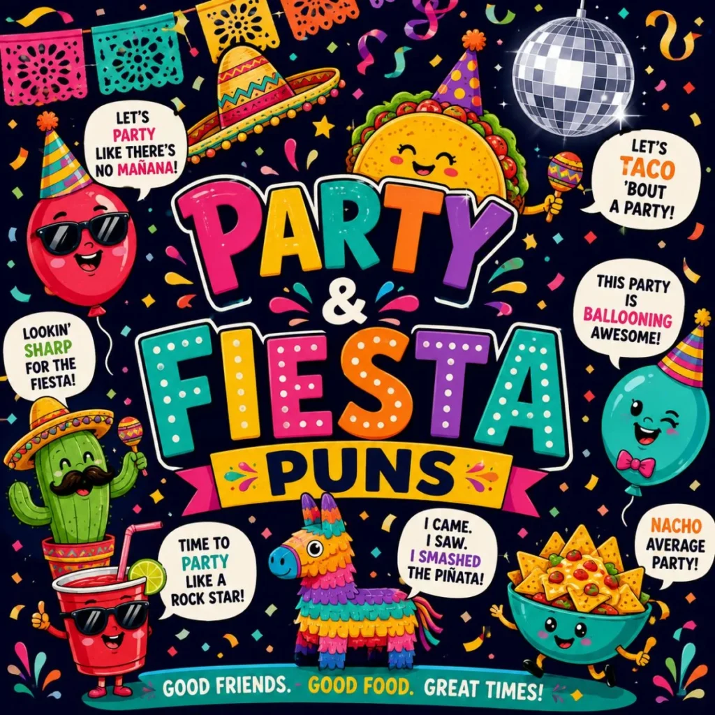 Colorful Party & Fiesta Puns poster with festive balloons, taco, a piñata, a sombrero, confetti, and funny celebration quotes.