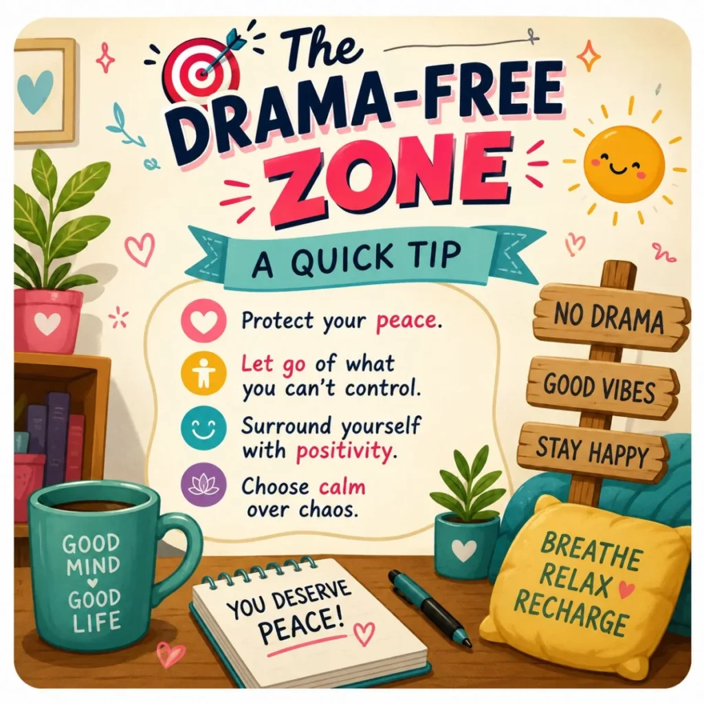 Drama-Free Zone quick tip infographic promoting peace, positivity, stress relief, and a calm mindset with colourful wellness illustrations.