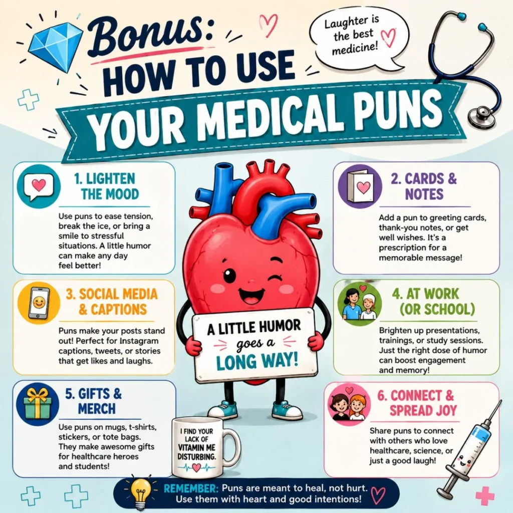 Colorful infographic showing creative ways to use medical puns for social media, greeting cards, gifts, work, and spreading laughter.