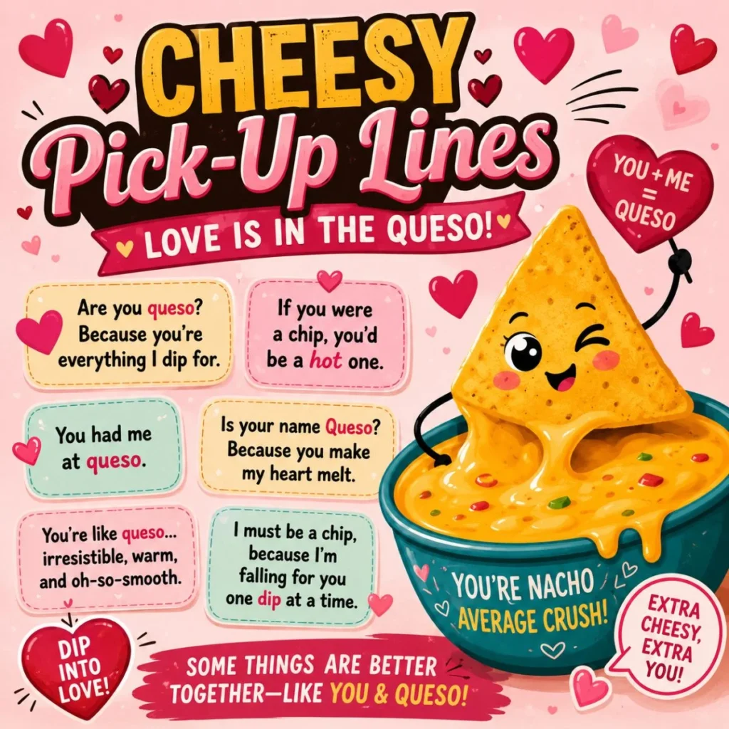 Cheesy pick-up lines poster with a smiling nacho in queso, funny love puns, hearts, and a Valentine's Day theme.