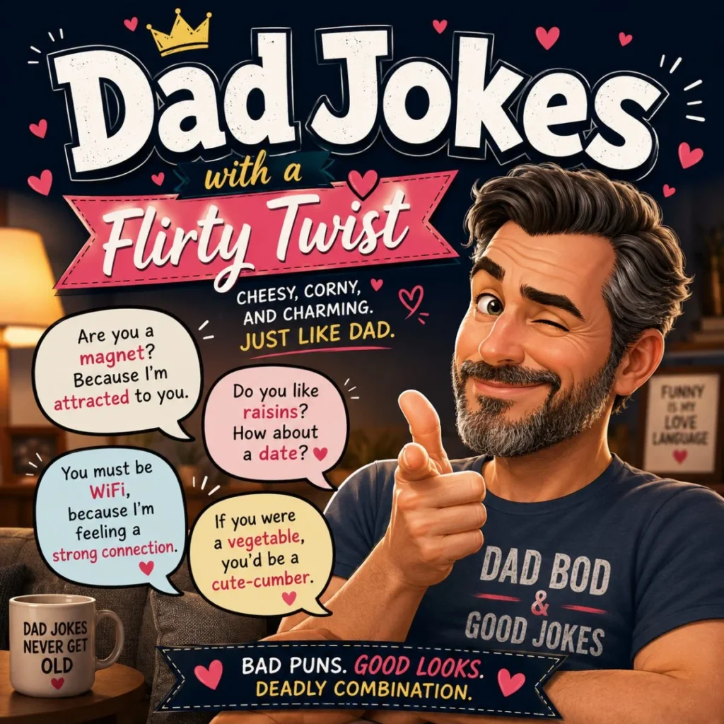 Dad jokes with a flirty twist poster featuring a winking dad, funny pickup lines, hearts, and playful romantic humor.