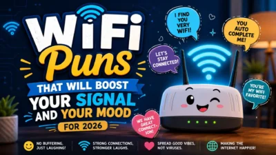 Funny WiFi puns graphic with a smiling router, glowing signal waves, and playful internet jokes for 2026