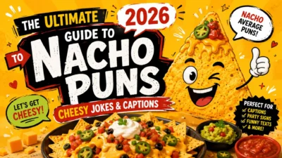 Colorful 2026 nacho puns poster with smiling cheesy nacho, loaded nachos, salsa, guacamole, and funny caption graphics.