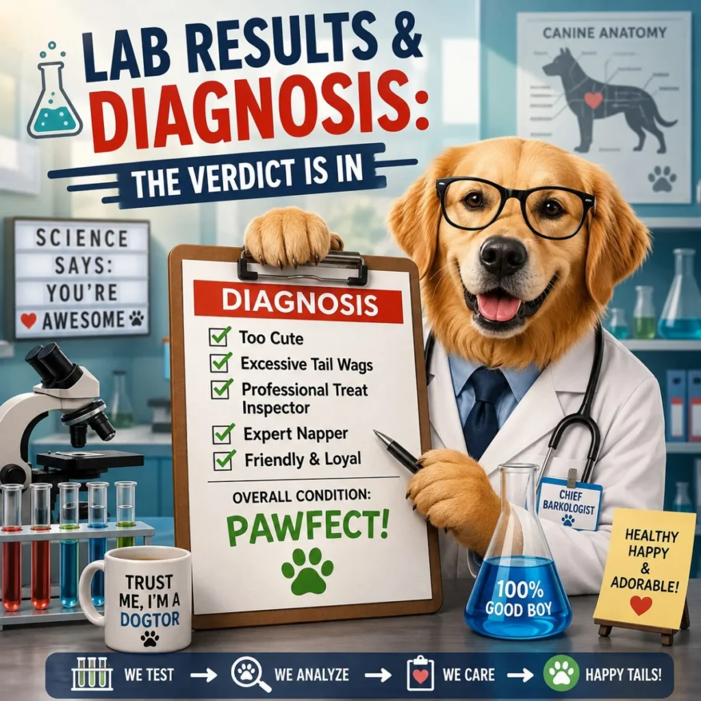 Funny veterinary lab results illustration featuring a smiling dog doctor revealing a playful diagnosis with a pawfect health verdict.