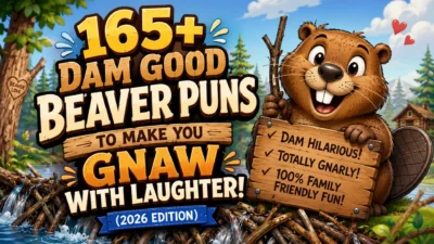165+ dam good beaver puns with a cheerful cartoon beaver by a wooden dam