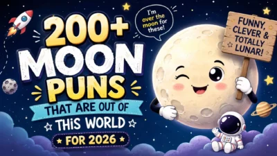 200+ moon puns poster with a smiling moon, astronaut, rocket, and space-themed cartoon design