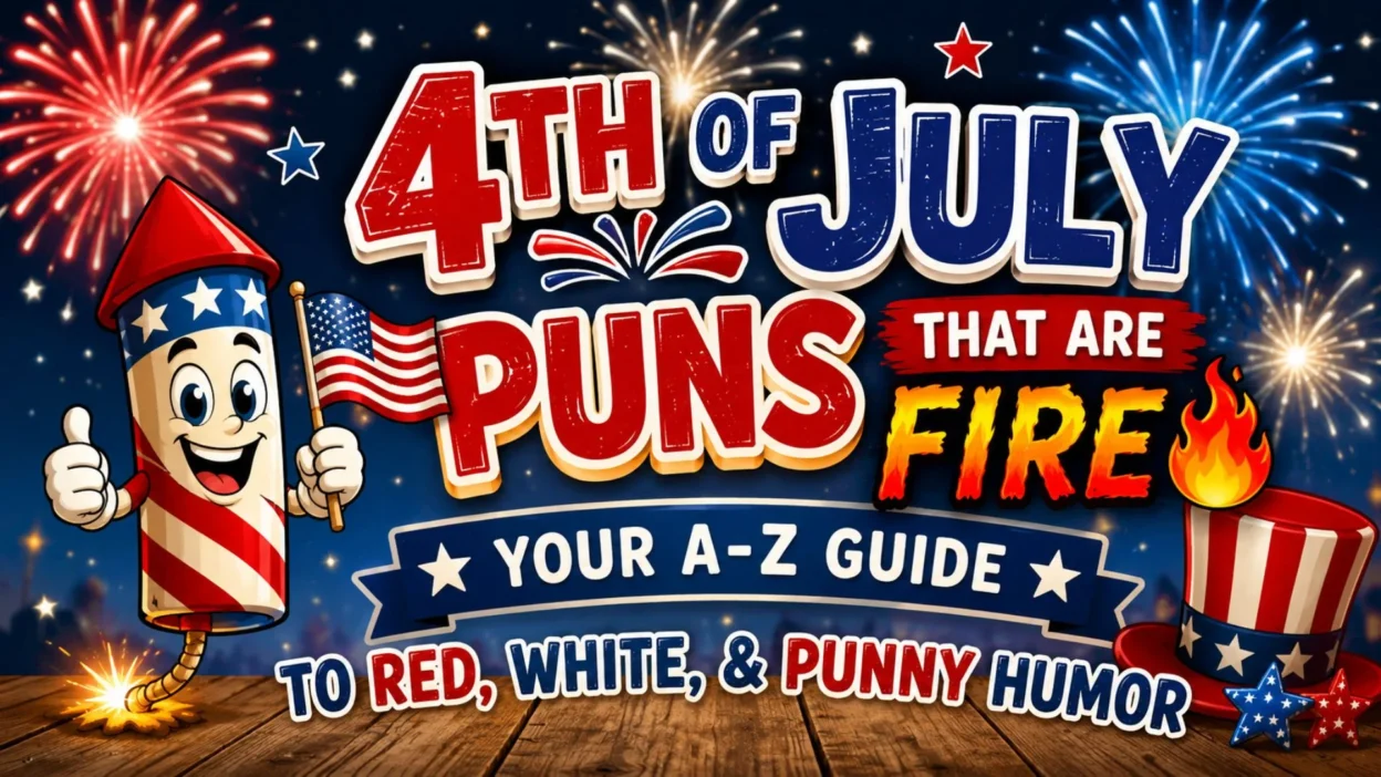 4th of July puns banner with fireworks, patriotic colors, American flag, and a smiling firework character