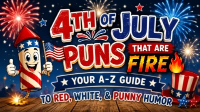 4th of July puns banner with fireworks, patriotic colors, American flag, and a smiling firework character