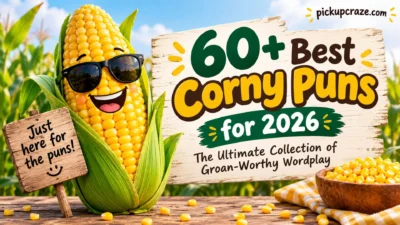 60+ corny puns for 2026 with a smiling corn mascot in a sunny cornfield