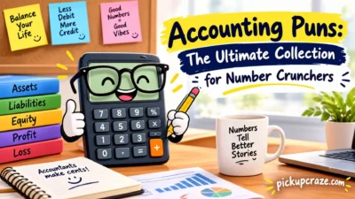 Accounting puns graphic with a smiling calculator, finance books, charts, and number-crunching humor