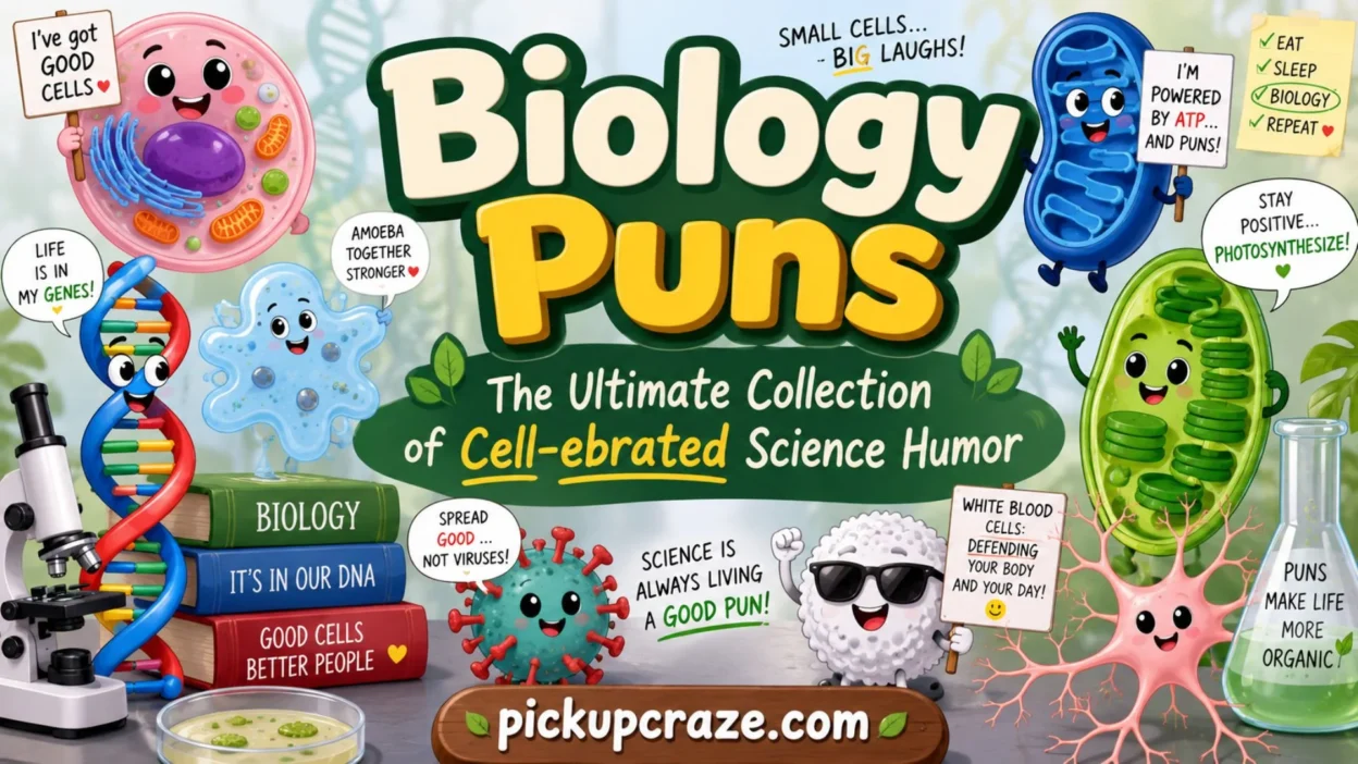 Biology puns with colorful cells, DNA, microscopes, and science humour illustrations