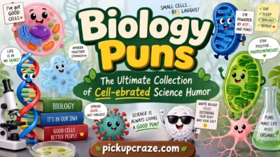 Biology puns with colorful cells, DNA, microscopes, and science humour illustrations
