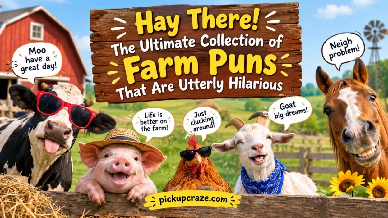 Funny farm puns poster with smiling farm animals, barn, hay, and countryside scene