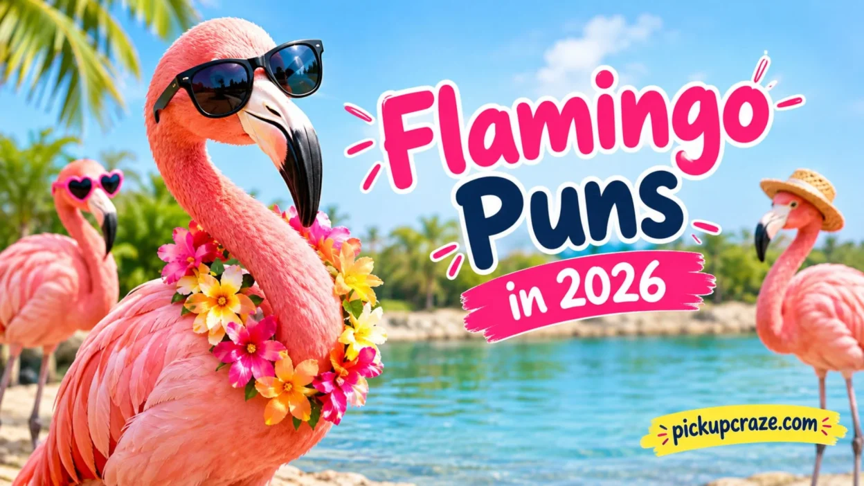 Flamingo puns in 2026 with a cheerful pink flamingo wearing sunglasses and a flower lei by the water