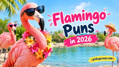 Flamingo puns in 2026 with a cheerful pink flamingo wearing sunglasses and a flower lei by the water
