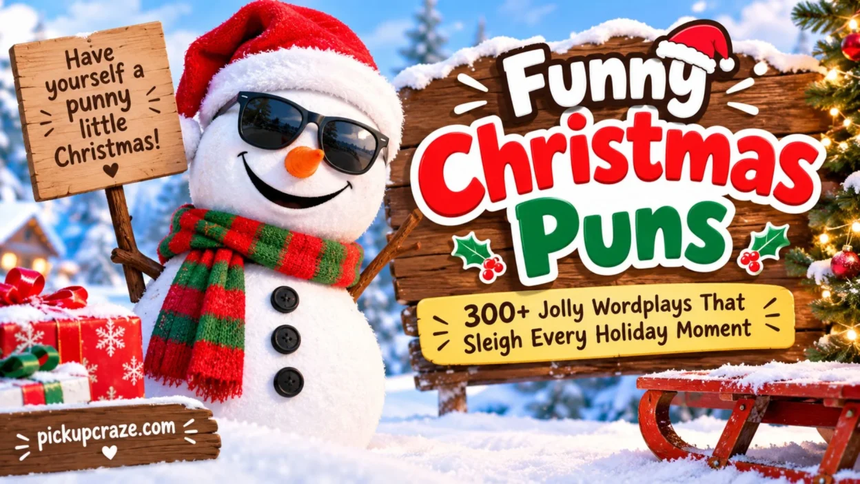 Funny Christmas puns with a cheerful snowman, festive gifts, and 300+ jolly holiday wordplays