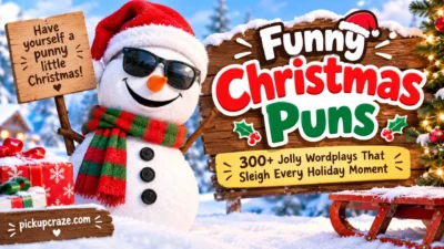 Funny Christmas puns with a cheerful snowman, festive gifts, and 300+ jolly holiday wordplays