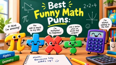 Funny math puns with colorful cartoon math characters, calculators, and classroom chalkboard