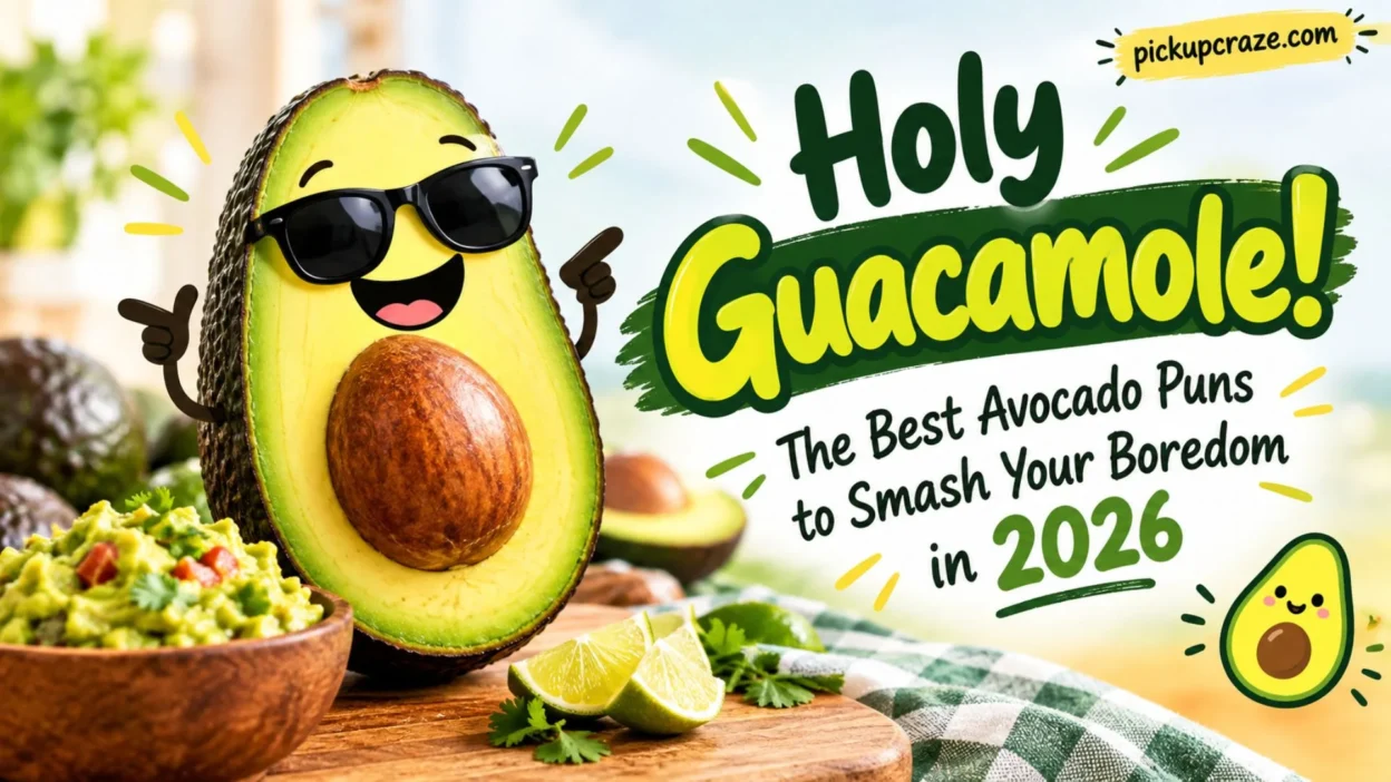 Cute avocado with guacamole and “Holy Guacamole” avocado puns banner for 2026