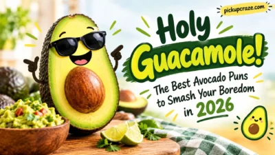 Cute avocado with guacamole and “Holy Guacamole” avocado puns banner for 2026