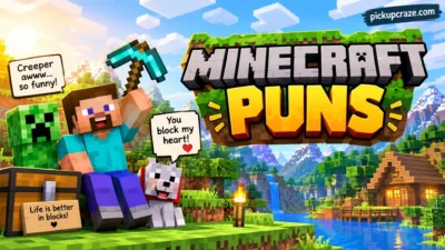 Minecraft puns banner with Steve, Creeper, wolf, diamond pickaxe, and colorful blocky landscape