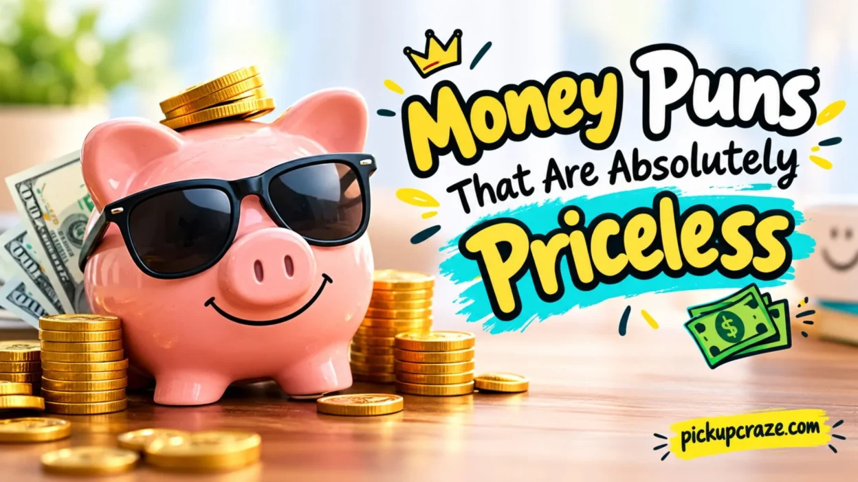 Money puns graphic with a smiling piggy bank, sunglasses, gold coins, and dollar bills