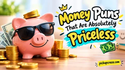 Money puns graphic with a smiling piggy bank, sunglasses, gold coins, and dollar bills
