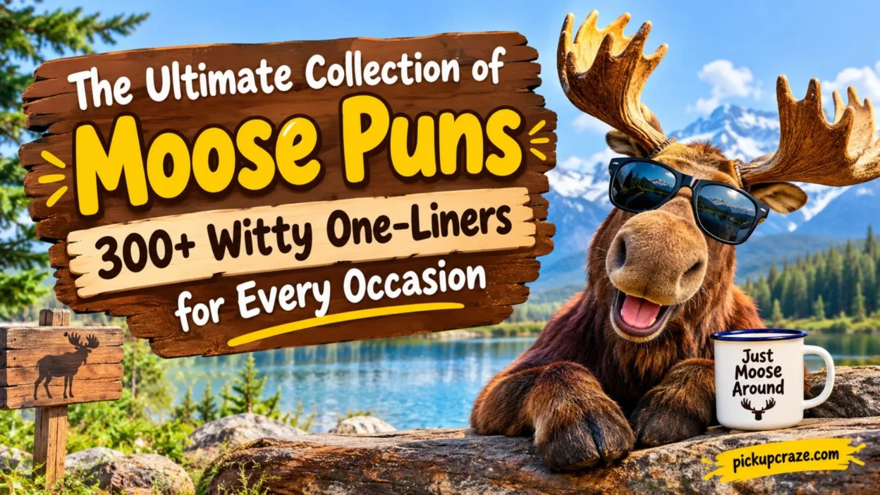 Moose puns banner with a funny sunglasses-wearing moose by a mountain lake