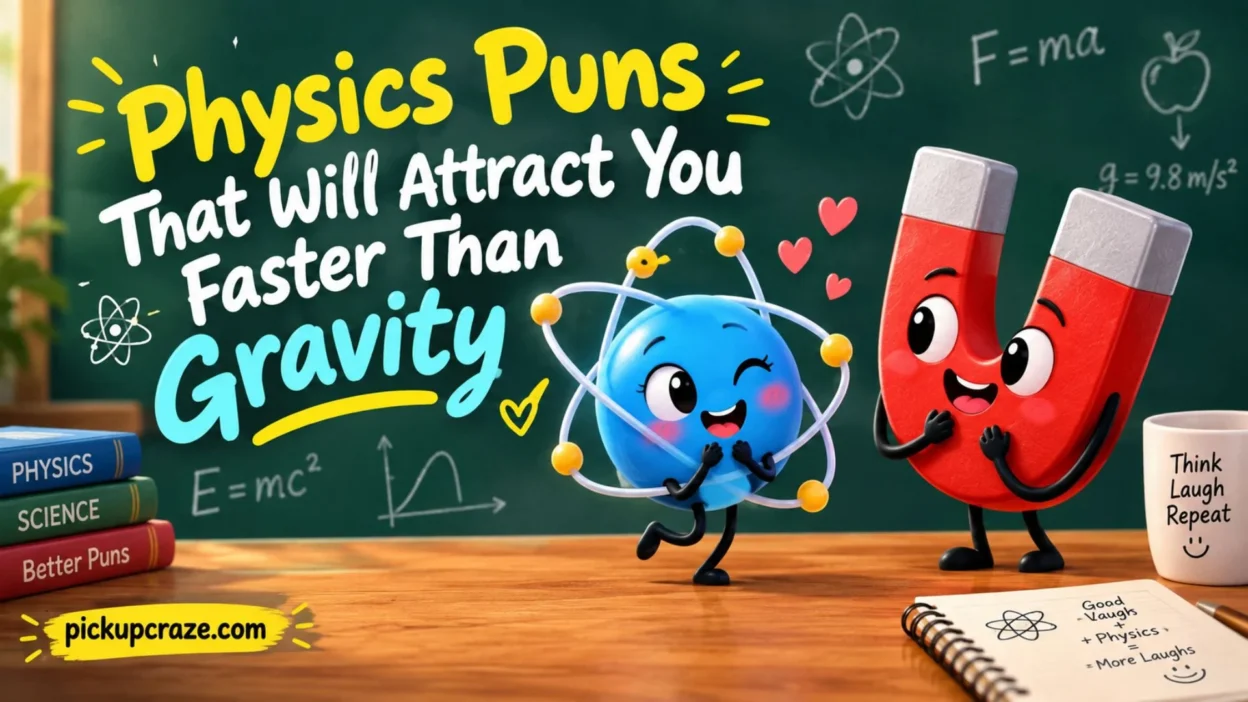 Physics puns with a playful magnet and atom illustrating attraction, gravity, and science humor