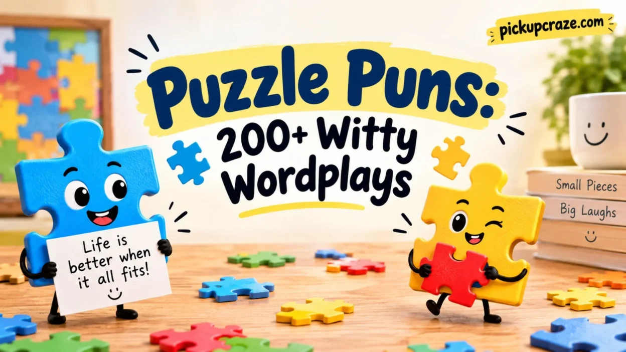 Colorful puzzle pieces with playful characters for 200+ witty puzzle puns and wordplays