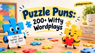 Colorful puzzle pieces with playful characters for 200+ witty puzzle puns and wordplays