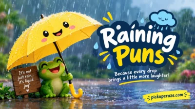 Cute frog under a yellow umbrella enjoying a rainy day with funny raining puns