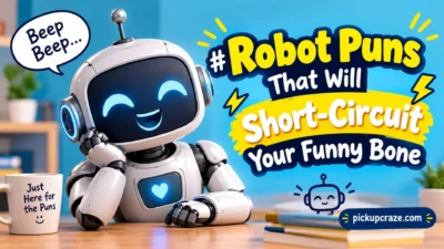 Cheerful robot with glowing blue eyes beside “Robot Puns” text and a funny bone short-circuit theme