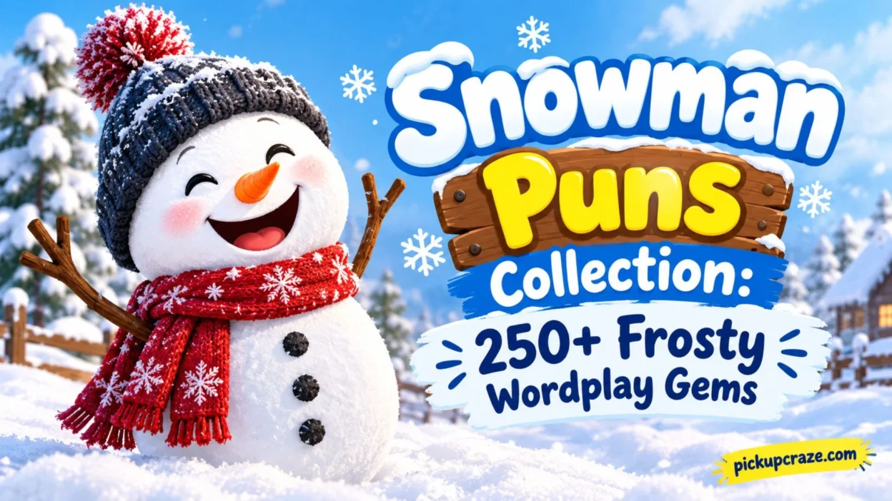 Cheerful snowman with scarf beside a sign for 250+ frosty snowman puns