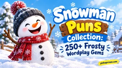 Cheerful snowman with scarf beside a sign for 250+ frosty snowman puns
