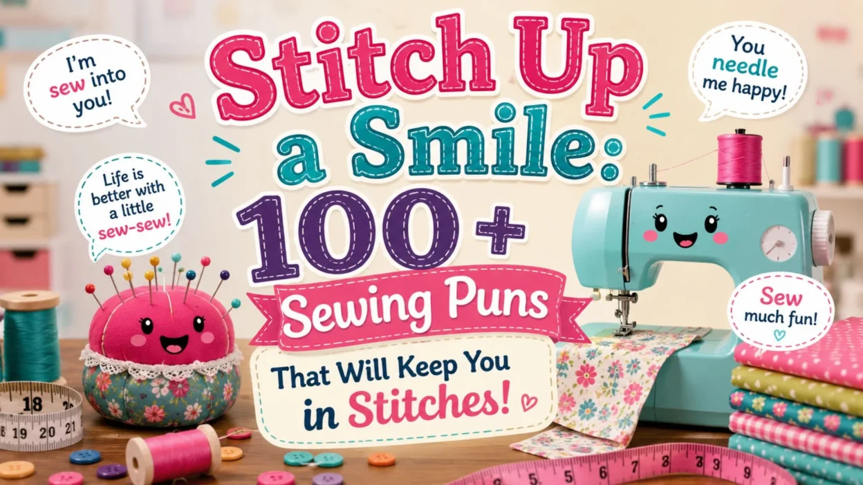 Colorful sewing pun banner with a cute sewing machine, pincushion, fabric, thread, and 100+ funny sewing puns.