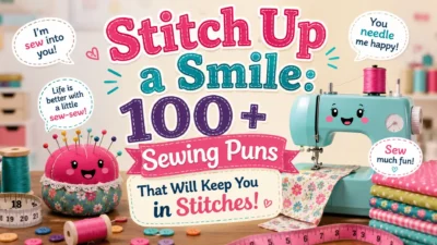 Colorful sewing pun banner with a cute sewing machine, pincushion, fabric, thread, and 100+ funny sewing puns.