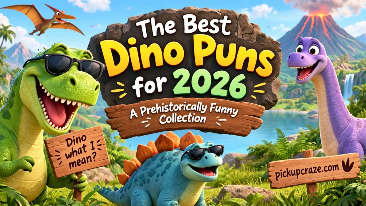 Colorful cartoon dinosaurs with a “Dino Puns for 2026” title in a prehistoric landscape