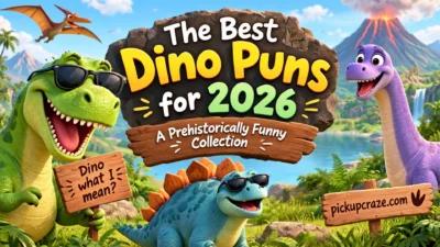 Colorful cartoon dinosaurs with a “Dino Puns for 2026” title in a prehistoric landscape