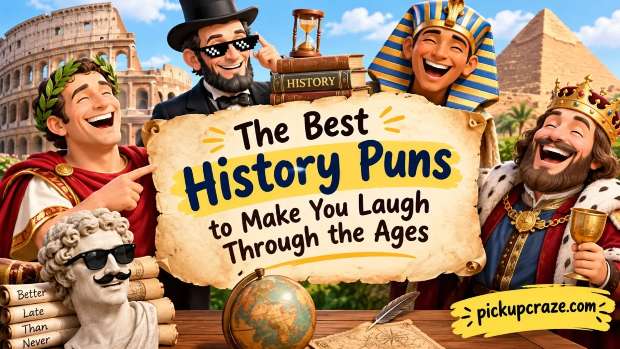 History puns cartoon with Roman, Egyptian, medieval figures and a parchment saying, 'The Best History Puns