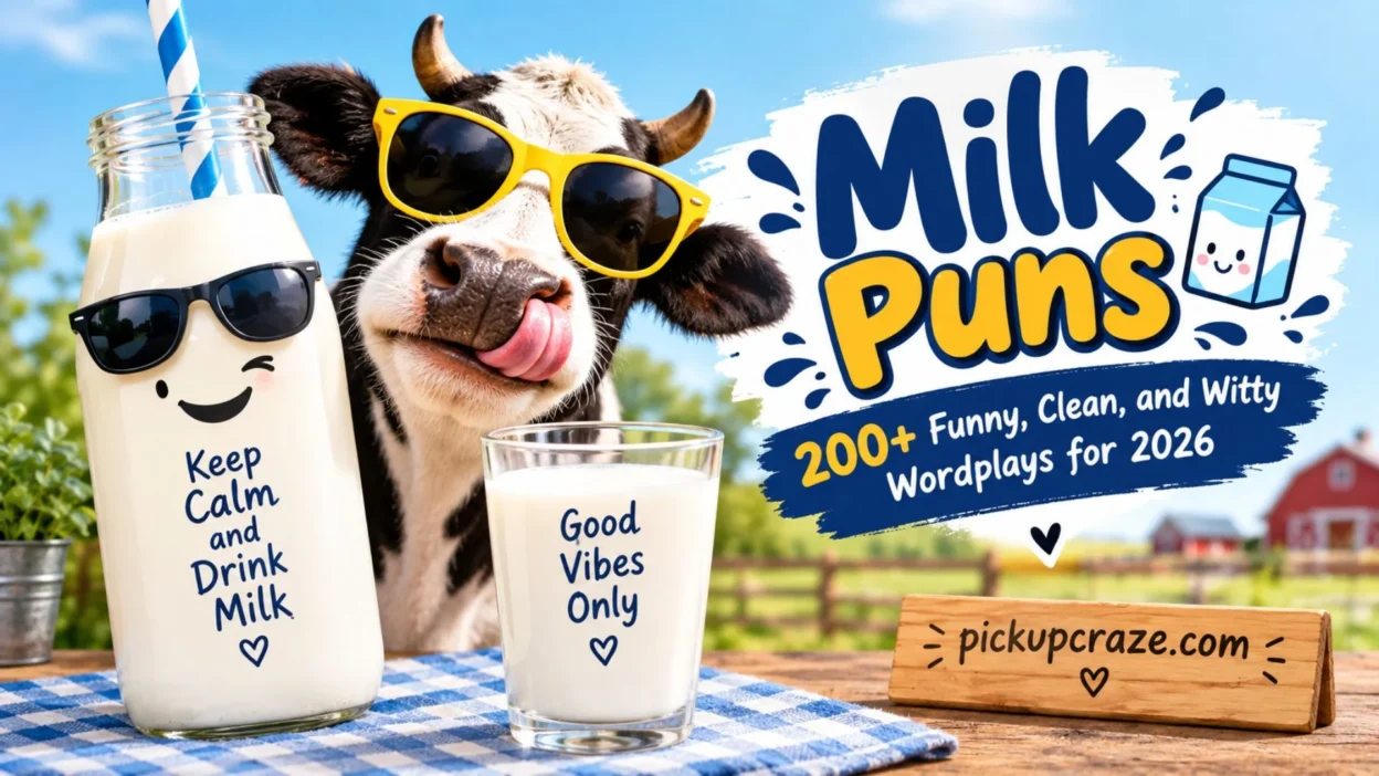 Funny milk puns with a playful cow, milk bottle, and 200+ witty wordplays for 2026