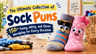Sock puns graphic with colorful funny socks and 150+ witty wordplay for every occasion