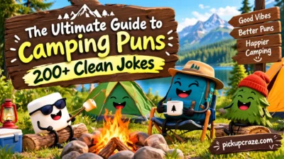 Camping puns banner with a cozy campsite, campfire, tent, mountains, and 200+ clean jokes