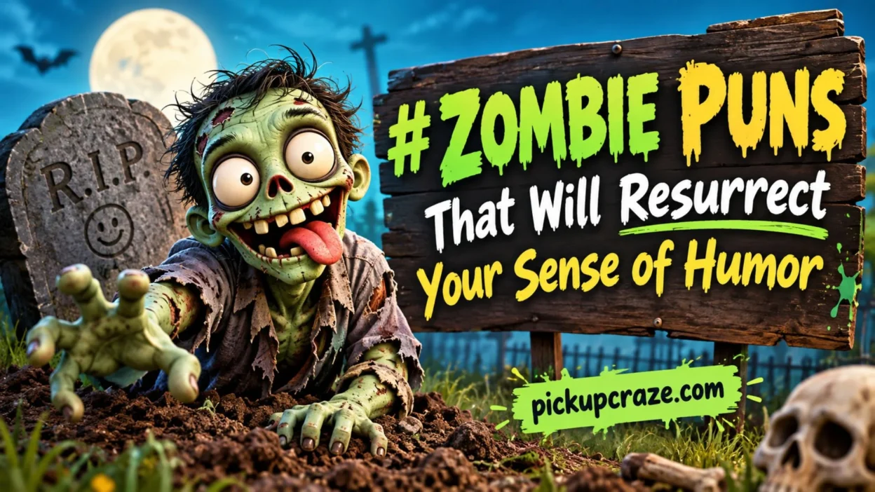 Zombie puns banner with a funny cartoon zombie rising from a graveyard under a full moon