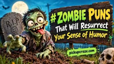 Zombie puns banner with a funny cartoon zombie rising from a graveyard under a full moon