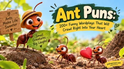 Cute cartoon ants with “Ant Puns” title and 200+ funny ant wordplays